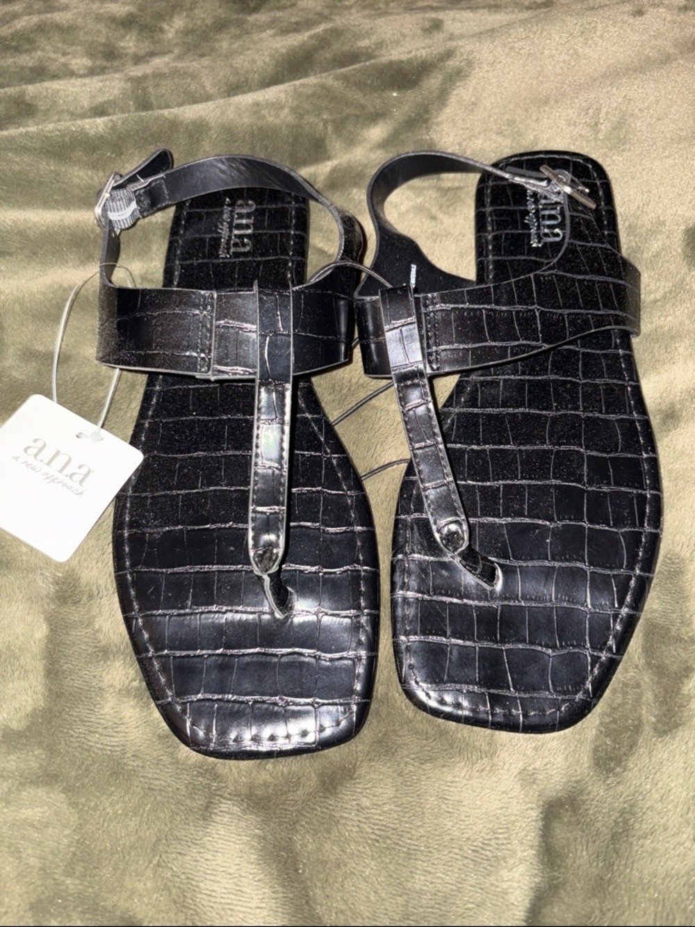 a.n.a Black Croc-Embossed T-Strap Sandals with Ankle Buckle